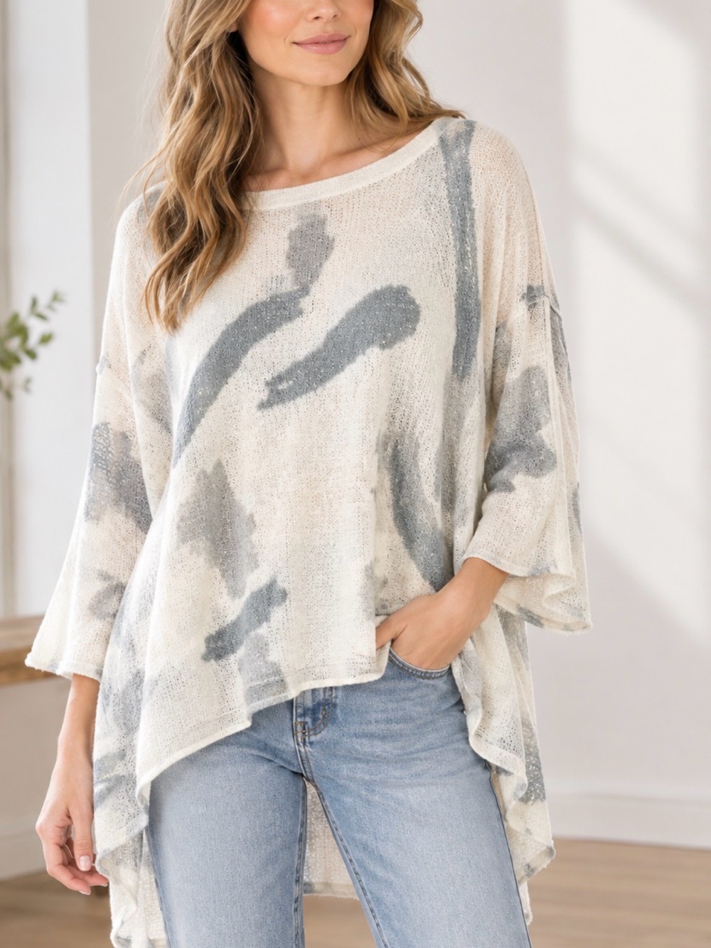 POL Abstract Knit Sweater Top Ivory Gray Women’s Small S